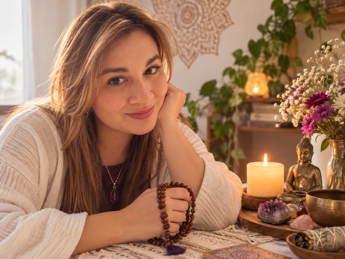 Gina Fonseca con un japamala junto a su altar de velas, cristales y flores
